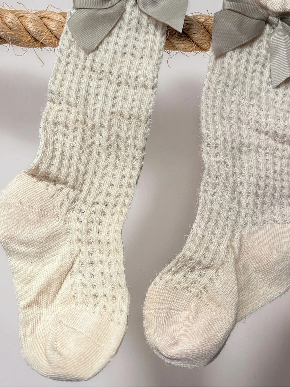 Boho Crochet Knit Toddler Knee High Bow Socks Cream Taupe Size 1-3 Years